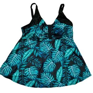 Hanna Nikole Plus 26W Tropical Monstera Leaf Print Tankini Swim Top Flowy Modest
